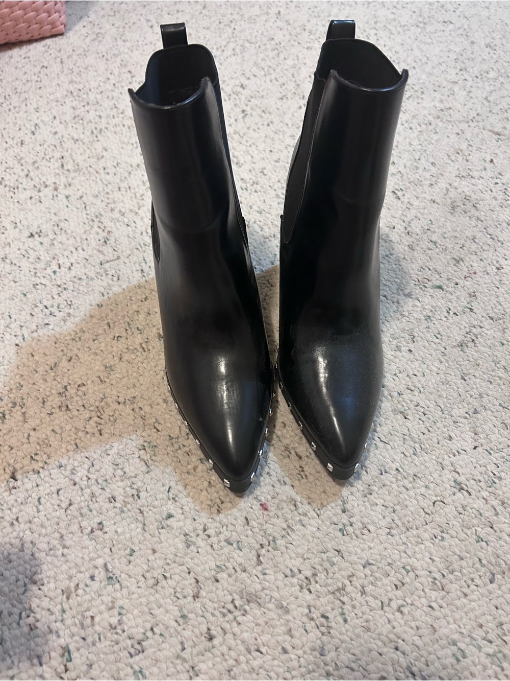 Black Pointed Toe Ankle Boots with Stud Trim